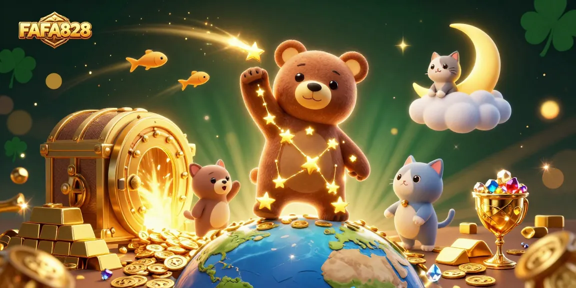 FAFA828 showcases the constellation bear and treasures in a vibrant casino illustration.