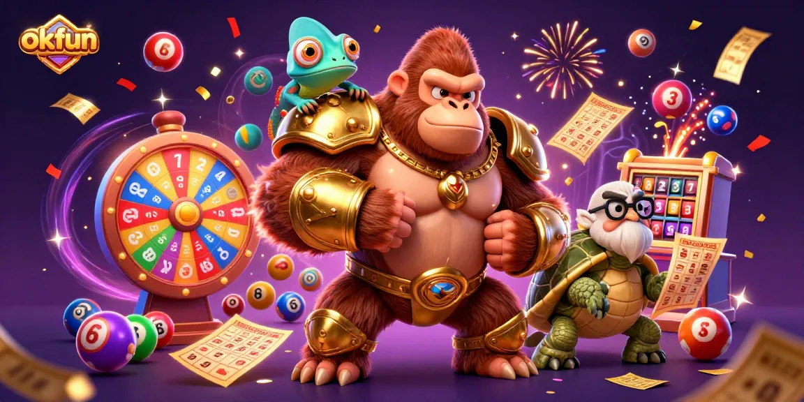 Spin and win with okfun: Unique casino scene featuring colorful lottery balls and festive gaming elements.