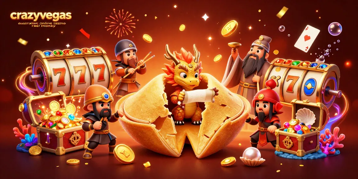 Experience excitement with crazyvegas australian online casino real money showcasing golden fortune cookie, slot games, and joyful elements.