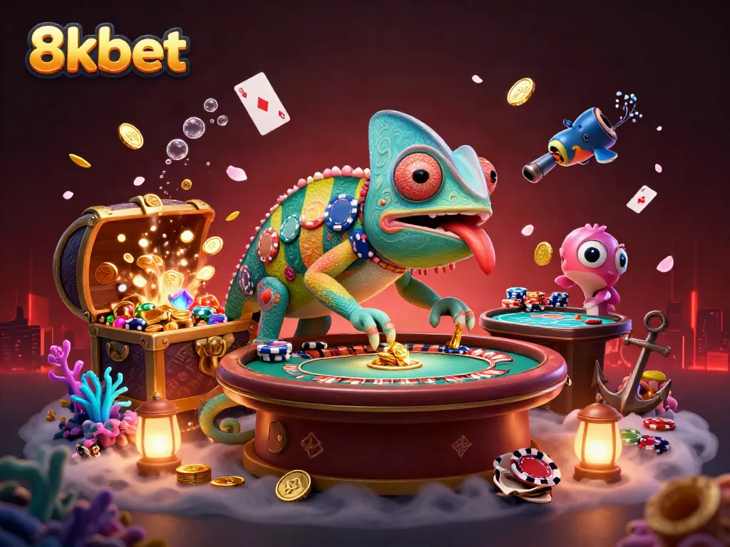 Experience excitement with 8xbet: a chameleon casino owner amidst vibrant gaming elements.