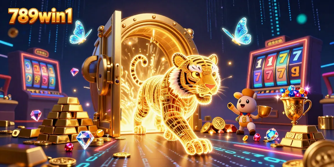 Engage with 789win1 in an ultra-detailed 3D casino world featuring a neon tiger and treasure.