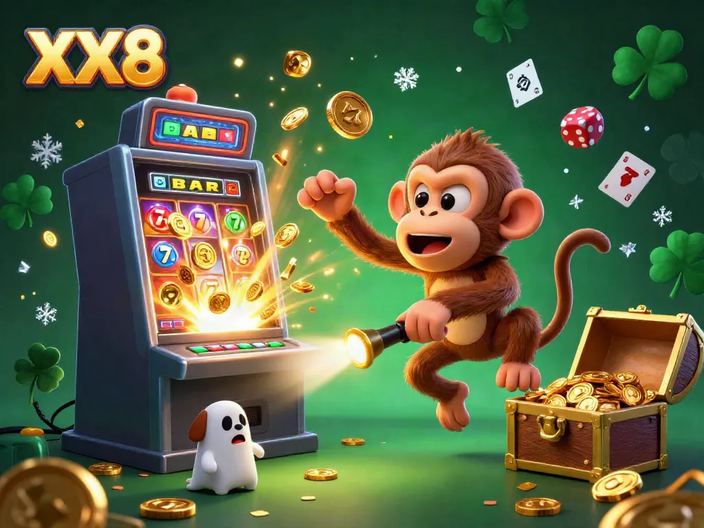 Join the fun at XX8 as the monkey juggles coins and cards in a vibrant casino!