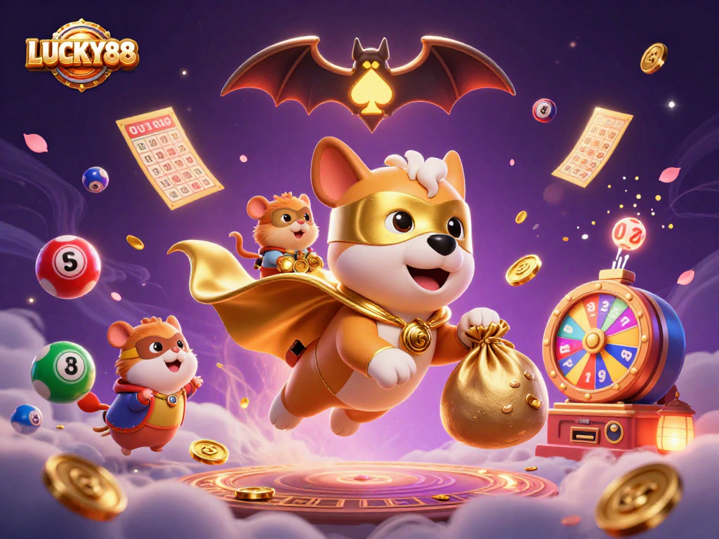 LUCKY88 showcases a vibrant casino theme with a superhero dog, flying and winning through gold coins and lottery elements.