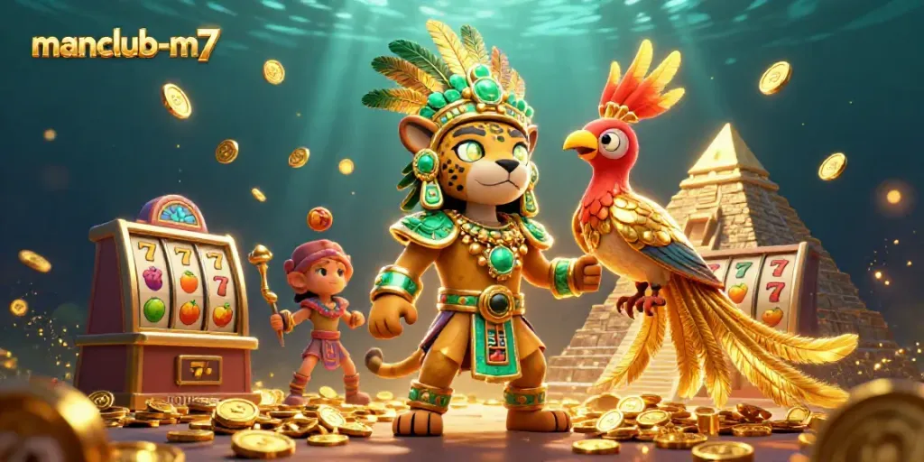 Spin the reels with manclub-m7's vibrant Mayan slot adventure featuring a jaguar priest.