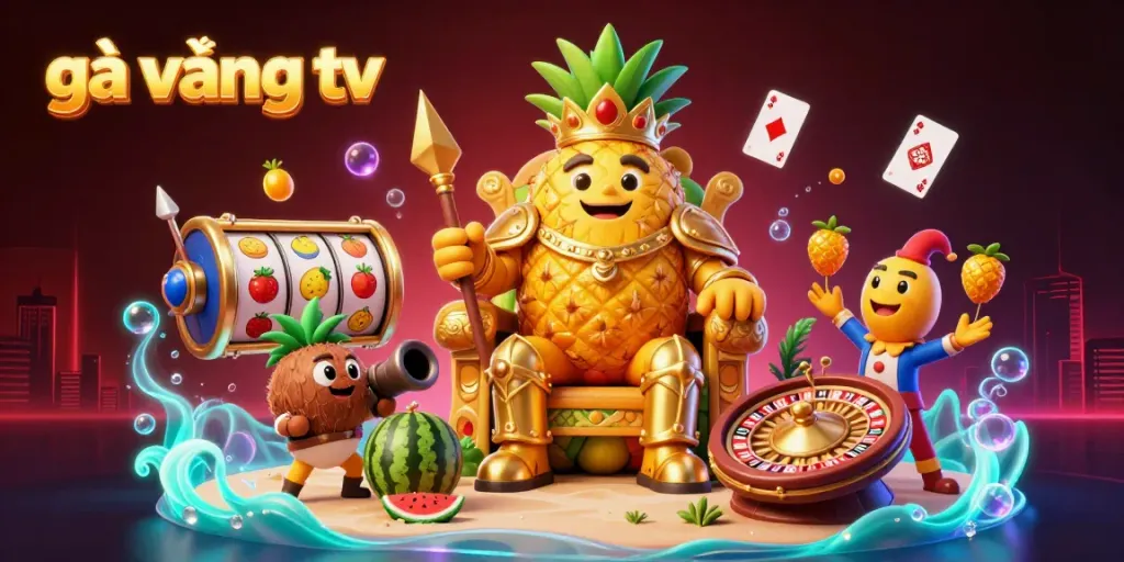 Engage with gà vàng tv as the golden pineapple king rules a vibrant casino scene full of colorful gambling elements.