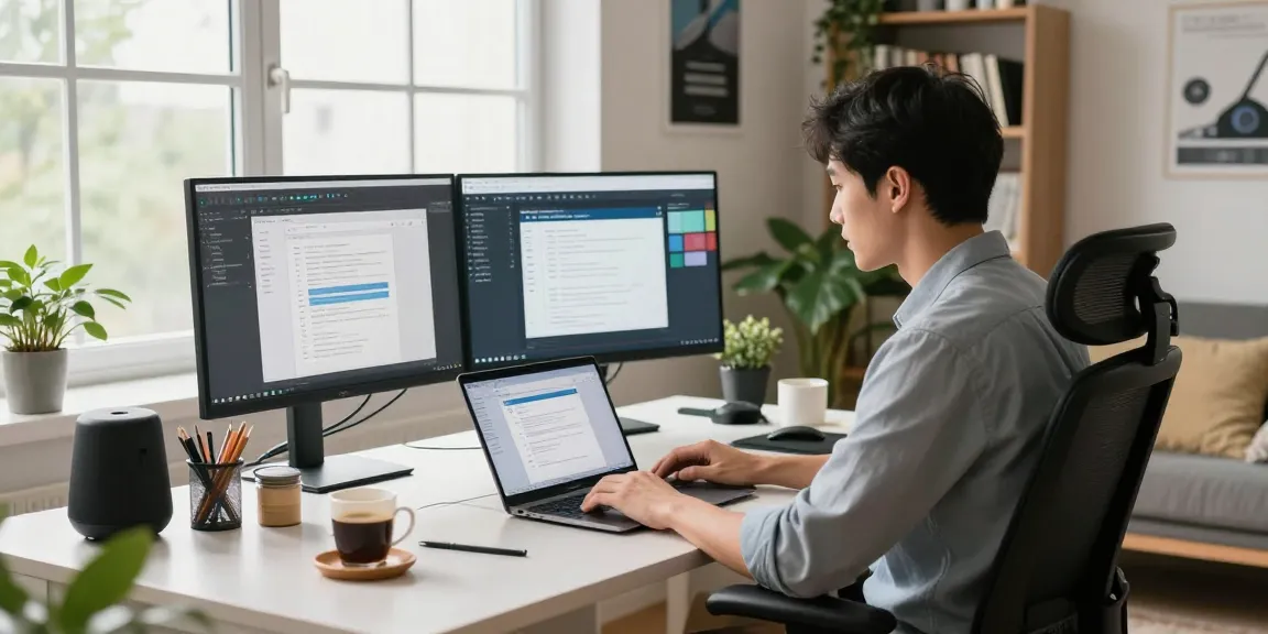WPS Download in a modern home office with dual monitors and productivity tools, showcasing a professional workspace.