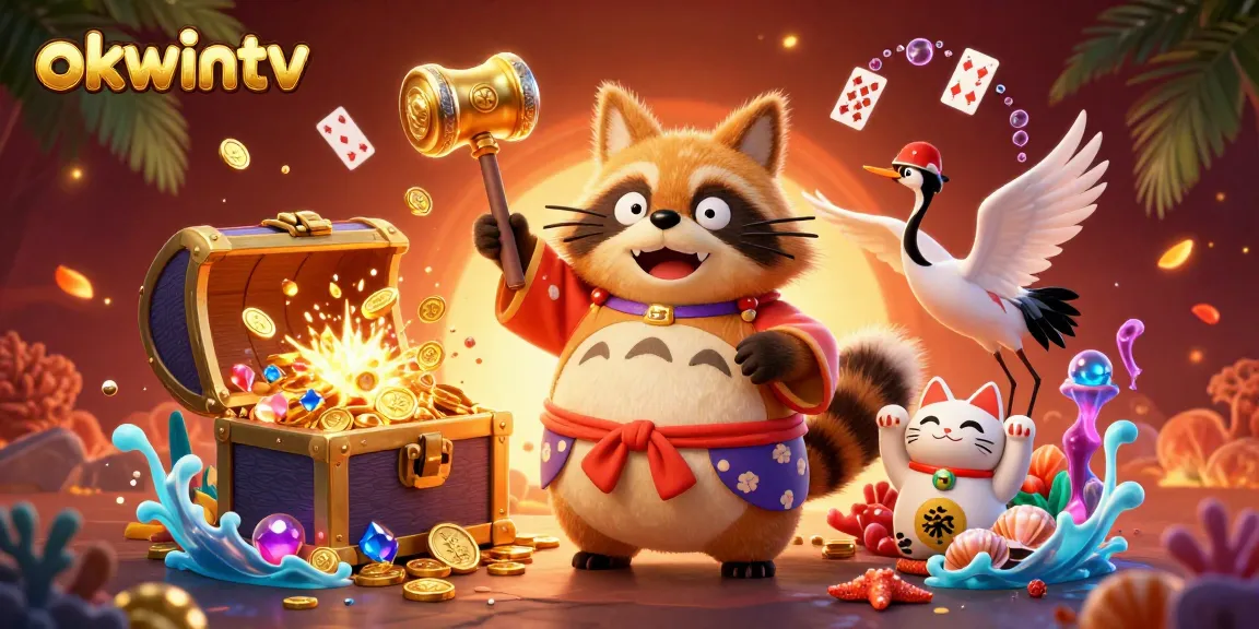 Experience a vibrant and engaging scene of okwintv featuring cheerful raccoon and cats amidst rich gambling elements.