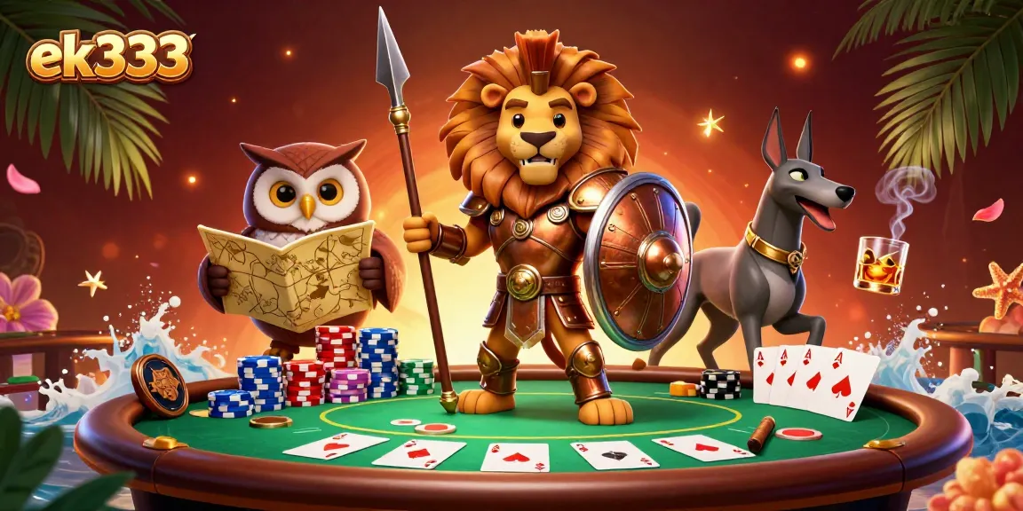 Join the thrilling ek333 poker table with a Spartan lion and friends amidst rich casino action.