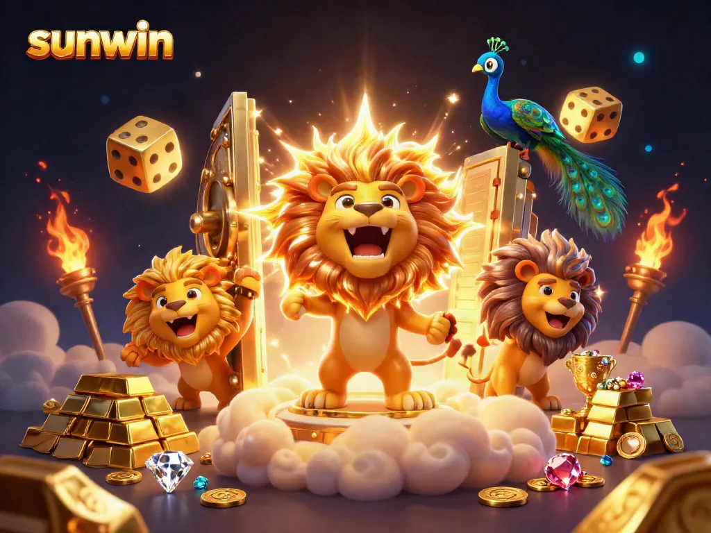Experience excitement with sunwin in a vibrant 3D casino scene featuring treasure and gaming elements.