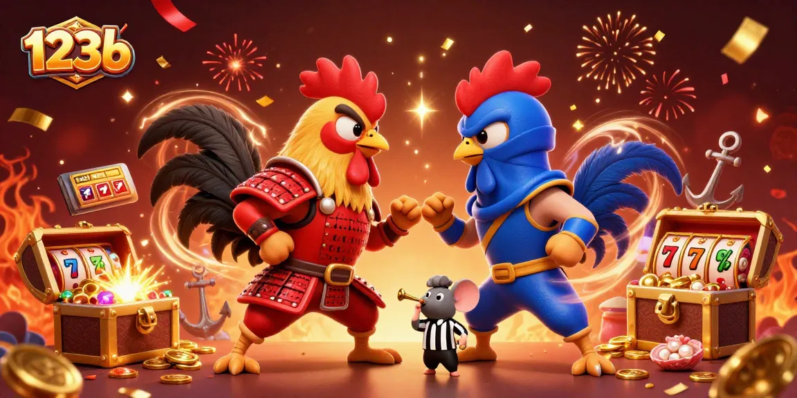 Engage with 123b's thrilling experience as rooster warriors battle in a vibrant 3D casino illustration.