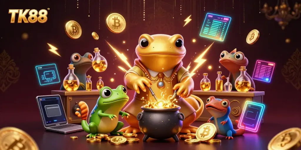 Experience the magic of TK88 with a golden salamander alchemist creating coins in a vibrant, immersive scene.