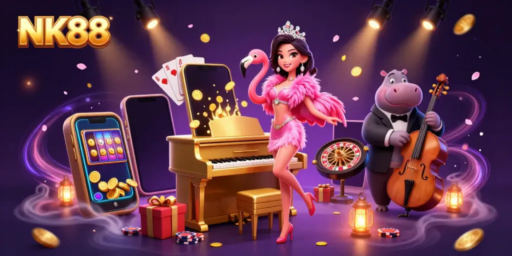 Experience thrilling games at NK88 with a colorful casino illustration featuring slots and vibrant characters.