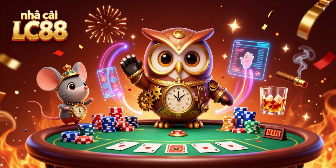 Engage with nhà cái LC88 in a vibrant casino scene featuring a time-traveler owl and poker elements.