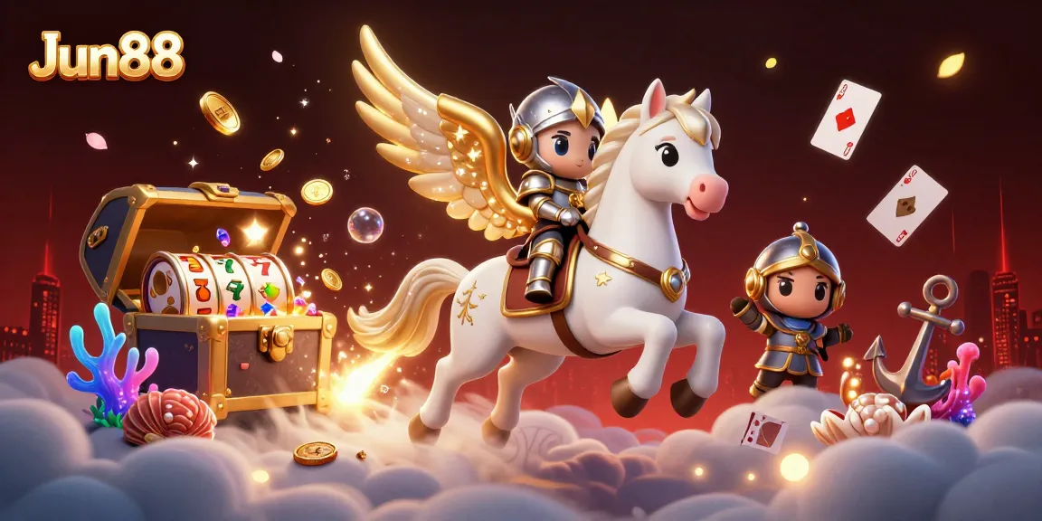Experience thrilling wins at Jun88 with an energetic casino scene featuring slot reels and fantasy elements.