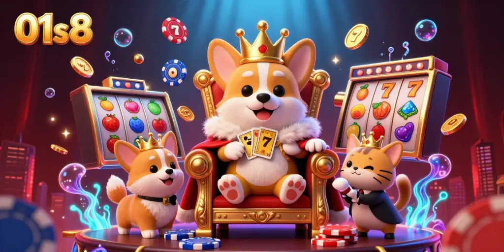 Engaging scene showcasing 01s8 with a royal corgi and gaming elements, illustrating the excitement of casino slots.