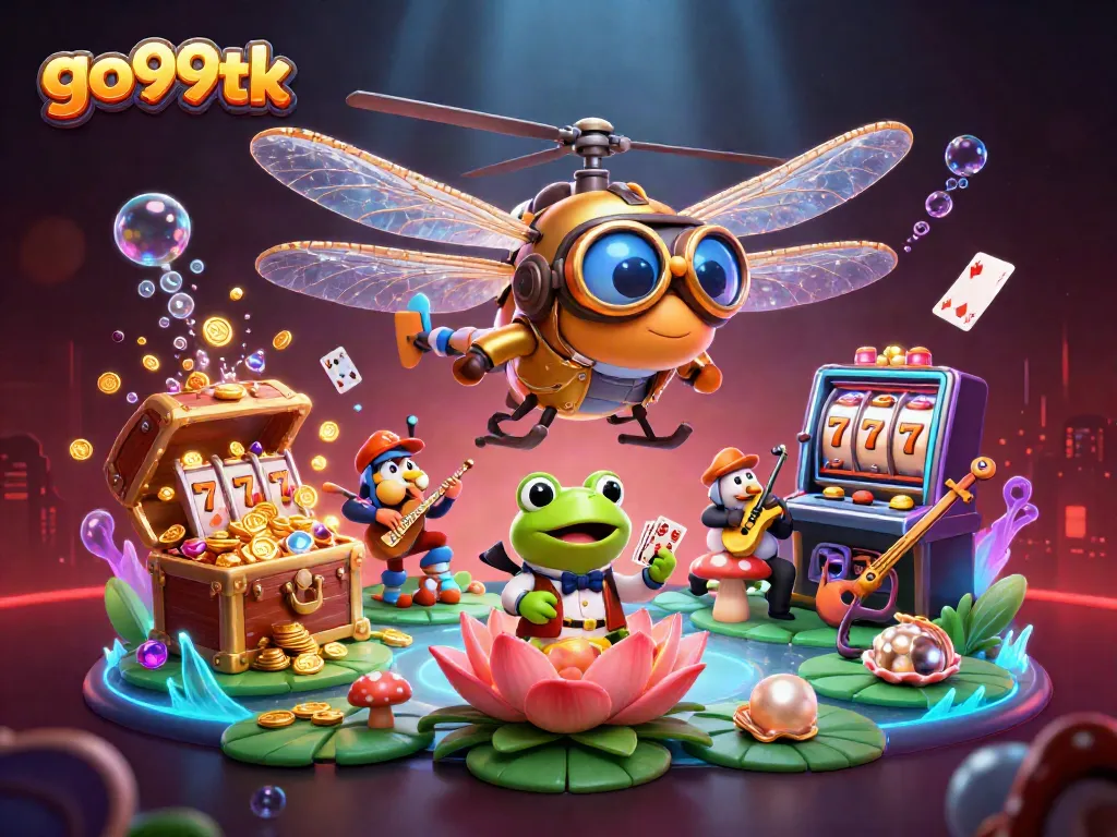 Spin the reels at go99tk with a lively dragonfly pilot and a frog croupier in a vibrant casino scene.
