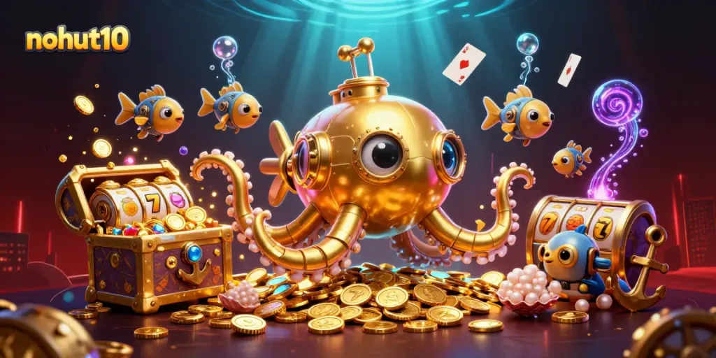 Experience the thrill of nohut10 as the kraken submarine reveals a jackpot of golden coins and exciting slot symbols.