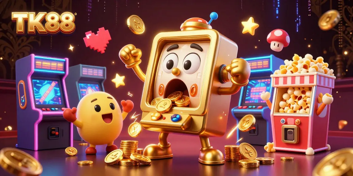 TK 88 jackpots with a vibrant 3D slot machine and cheering characters illustrating fun gaming action.