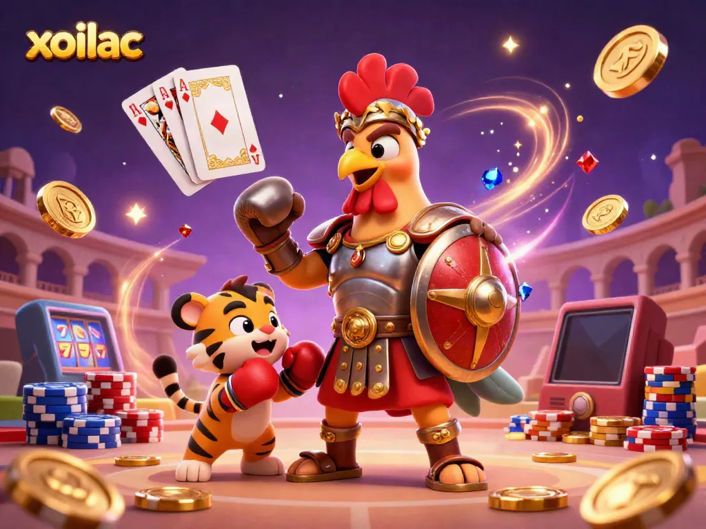 Experience thrilling gameplay at xoilac with a cartoon gladiator rooster and tiger cub surrounded by golden coins.