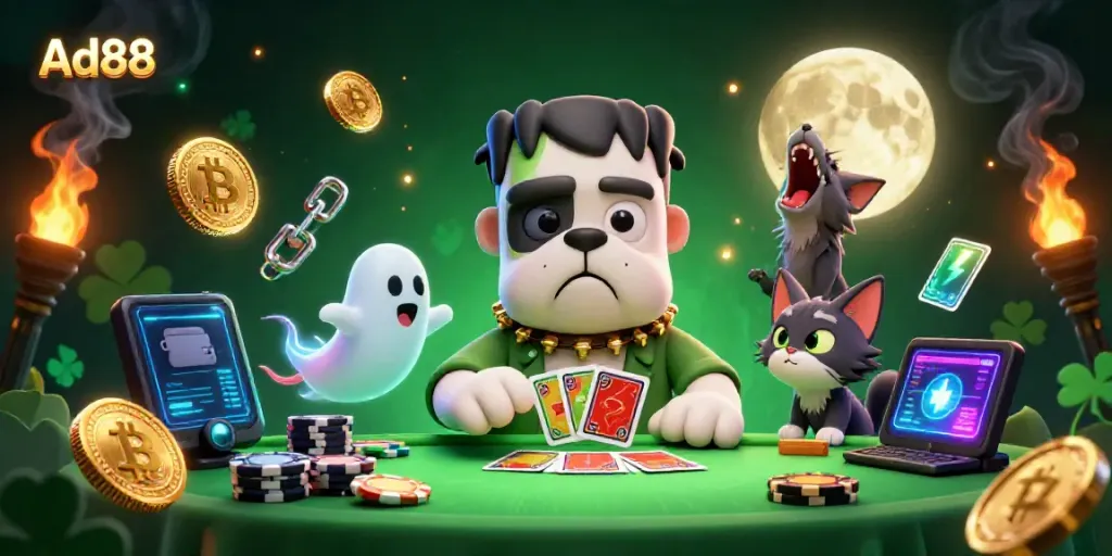Ad88's Frankenstein bulldog monster deals cards at a vibrant casino table with glowing crypto elements.