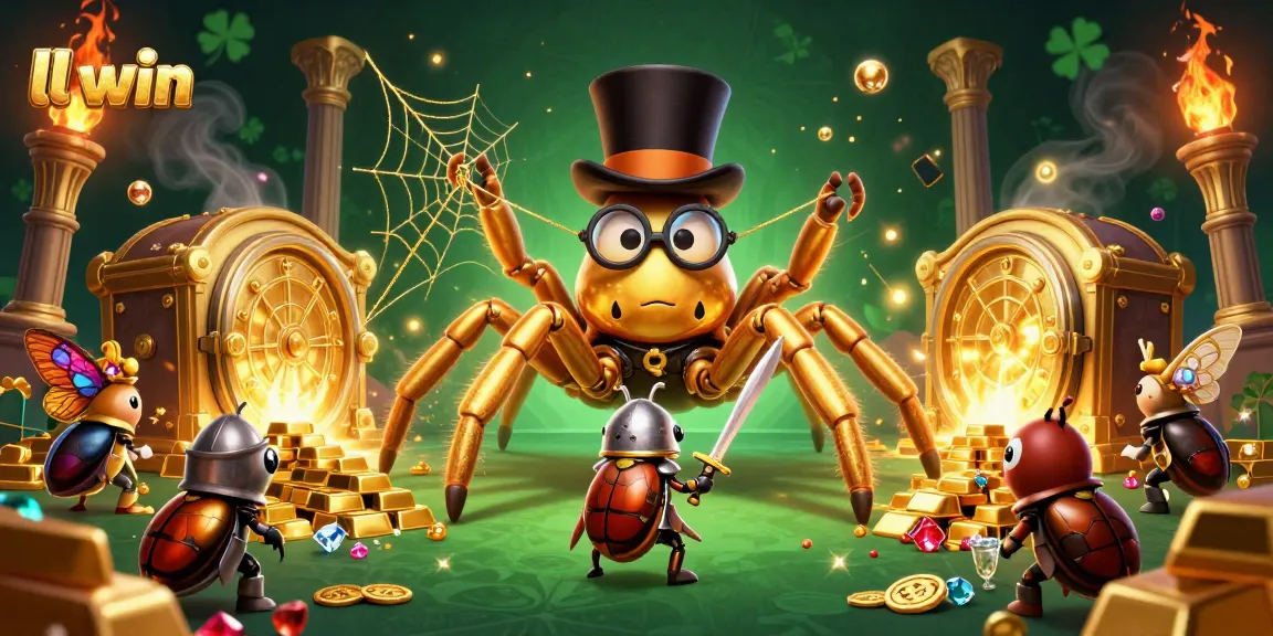 LL WIN illustration featuring a golden tarantula and beetle knight in a vibrant casino scene