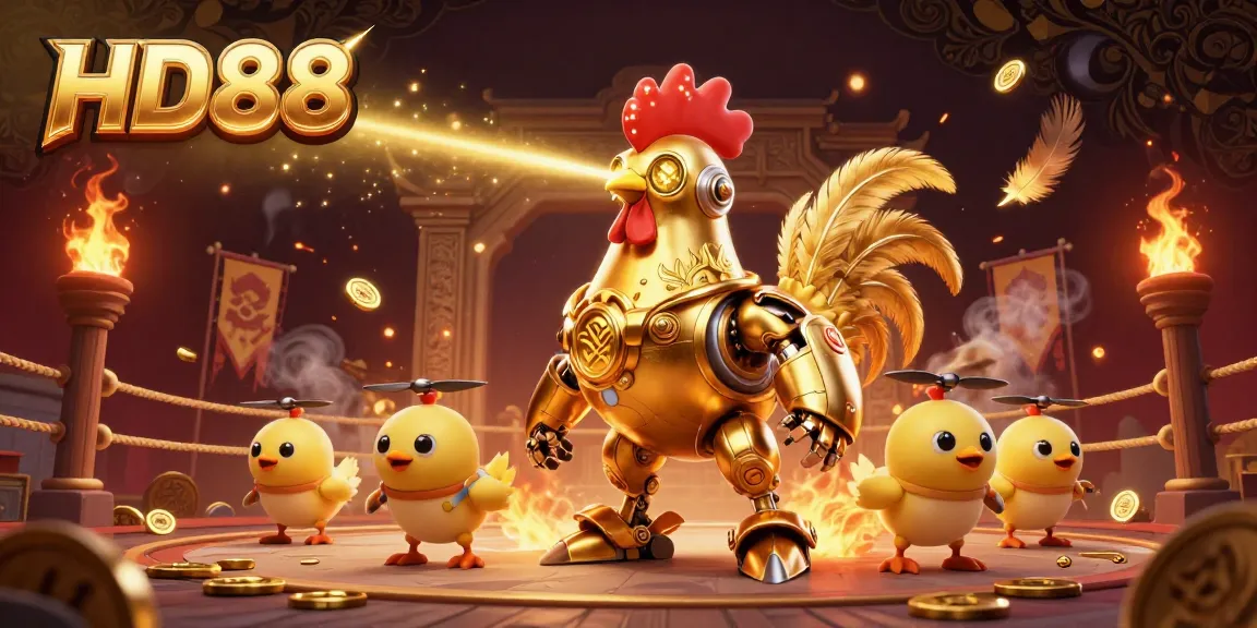 Engage in thrilling gameplay with HD88's dynamic golden rooster robot and baby chick drones amidst a vibrant casino atmosphere.