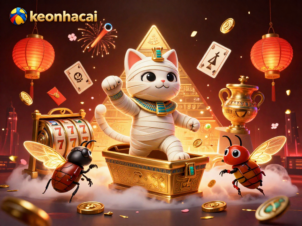 Experience the thrilling world of keonhacai with an Egyptian mummy cat and scarab beetle in a vibrant casino.
