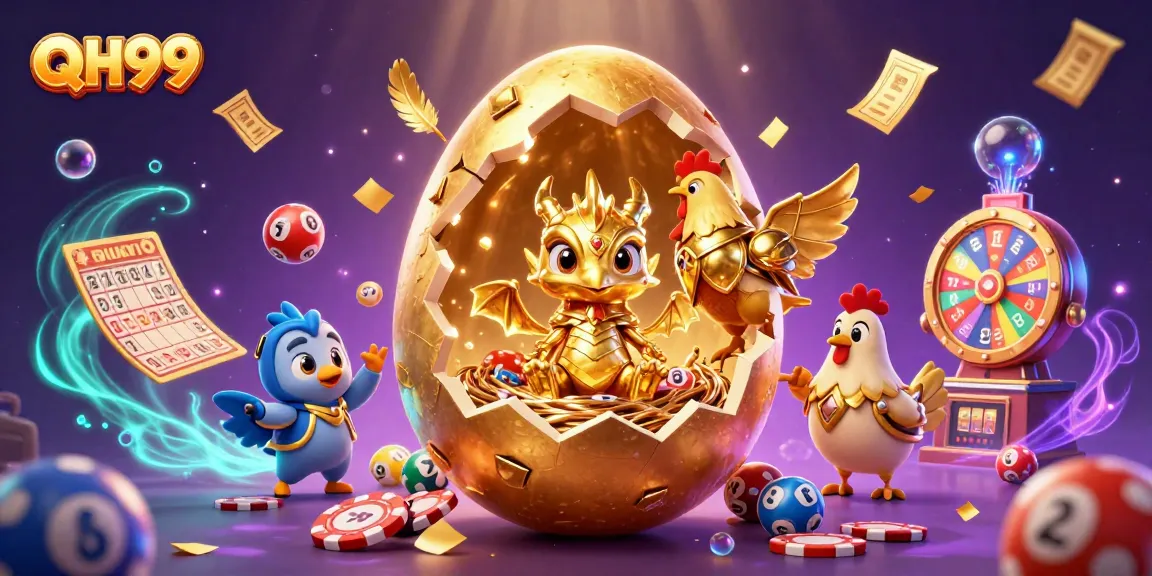 Experience QH99's captivating world of gaming with a golden dragon guarding poker chips amidst a vibrant casino.