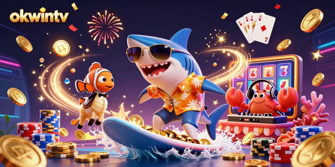 Bet on exciting plays with okwintv as a hammer-head shark surfs gold coins and animated characters fill the scene.