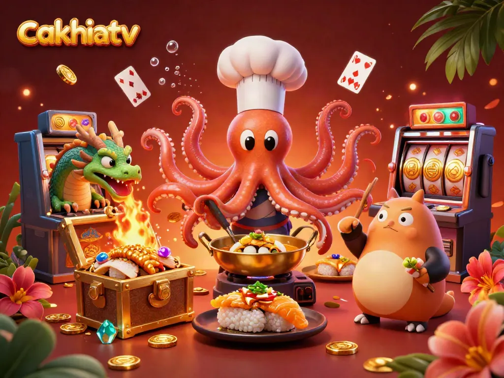 Cakhiatv scene with a cartoon octopus chef serving golden dishes surrounded by animated casino elements.