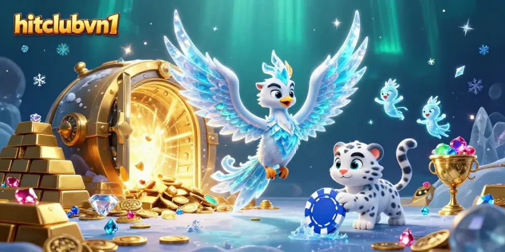 Experience the thrill of hitclubvn1 with a playful snow leopard and an ice phoenix illustration highlighting casino elements.