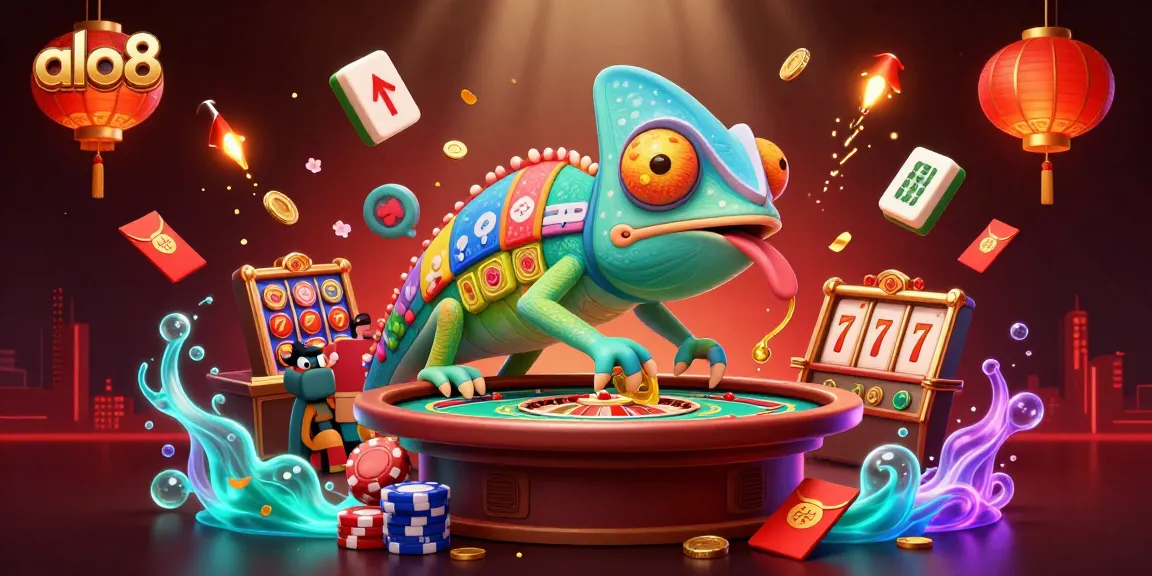 Engage with the alo8 online casino experience featuring a colorful 3D chameleon owner amidst dynamic casino elements.