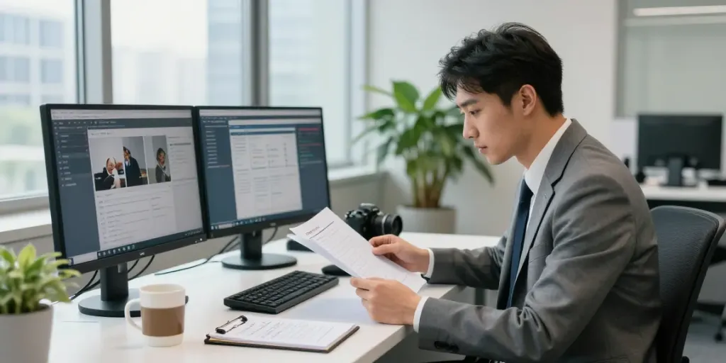 탐정사무소 굿탐정 office scene with a dedicated detective reviewing case files and software.