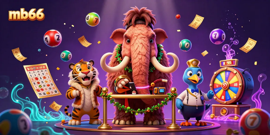 mb66 casino scene with a woolly mammoth bouncer checking IDs and colorful lottery elements