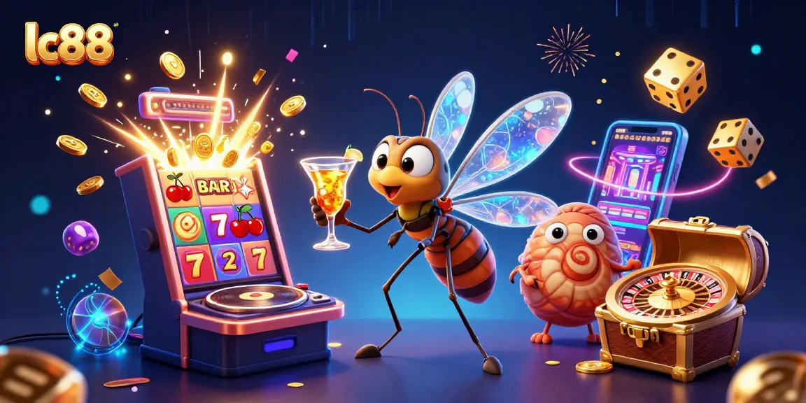 A lively LC88 casino scene featuring a resurrected mosquito mascot, a trilobite DJ, and an ammonite roulette wheel amidst vibrant gaming elements.