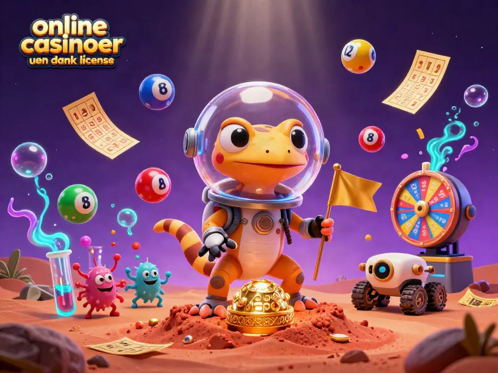 Engage with online casinoer uden dansk licens through a colorful Martian gaming adventure illustration.