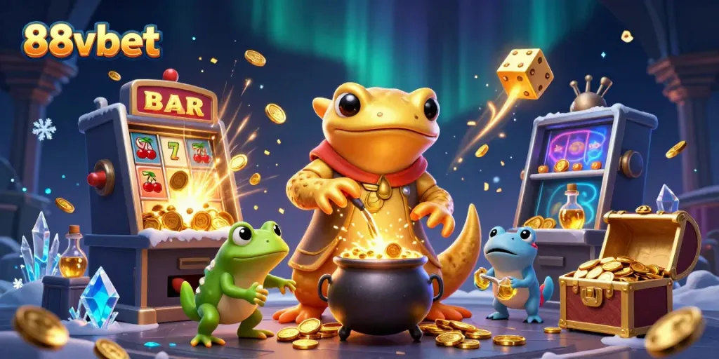 Experience the enchantment of 88vbet as golden coins explode from a slot machine amidst alchemical wonders.