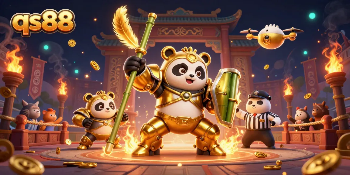 Engage with qs88 in a vibrant 3D arena, where a mech-suit panda leads the action amidst dynamic casino elements.