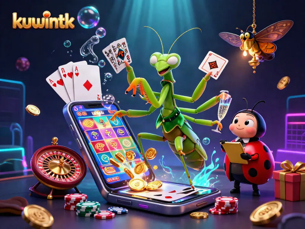 Kuwintk showcases an energetic casino scene with a giant praying mantis card sharp and ladybug pit boss amidst gambling excitement.