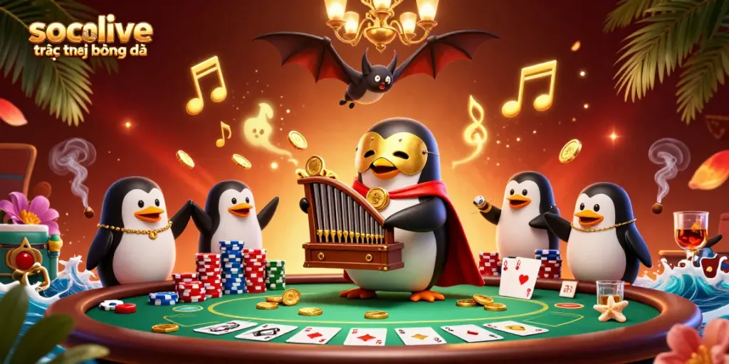 Experience the excitement of socolive trực tiếp bóng đá with a dynamic 3D scene of a whimsical penguin and casino elements.
