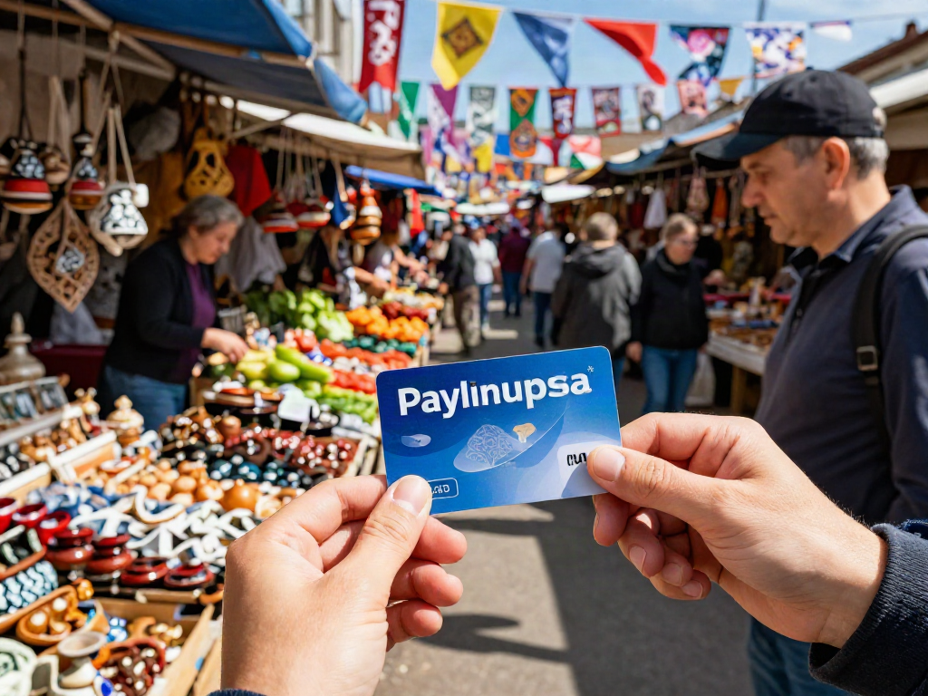Explorando un mercado ruso con PayInRussia, viajero disfrutando de la cultura local.