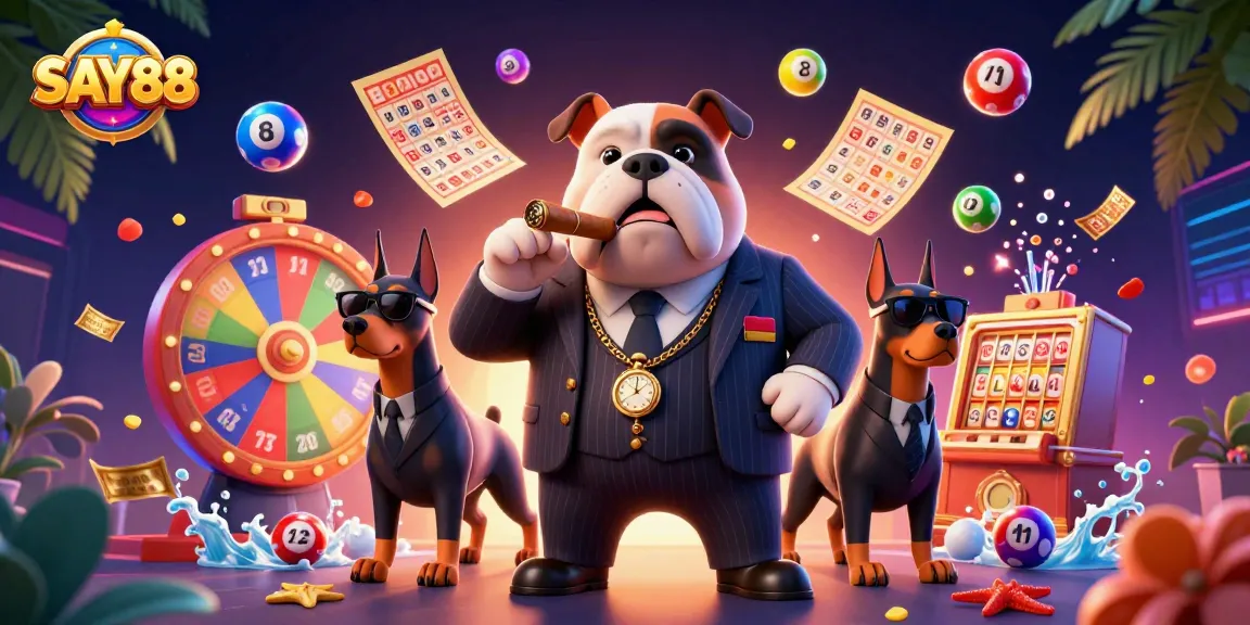 SAY88 showcases a cartoon mafia bulldog with lottery elements and vibrant colors in a casino atmosphere.