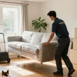 Professional mover lifting furniture during a move with Flyttebyrå, showcasing organized moving scene