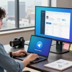 Young professional downloading Telegram on a laptop in a modern office workspace.