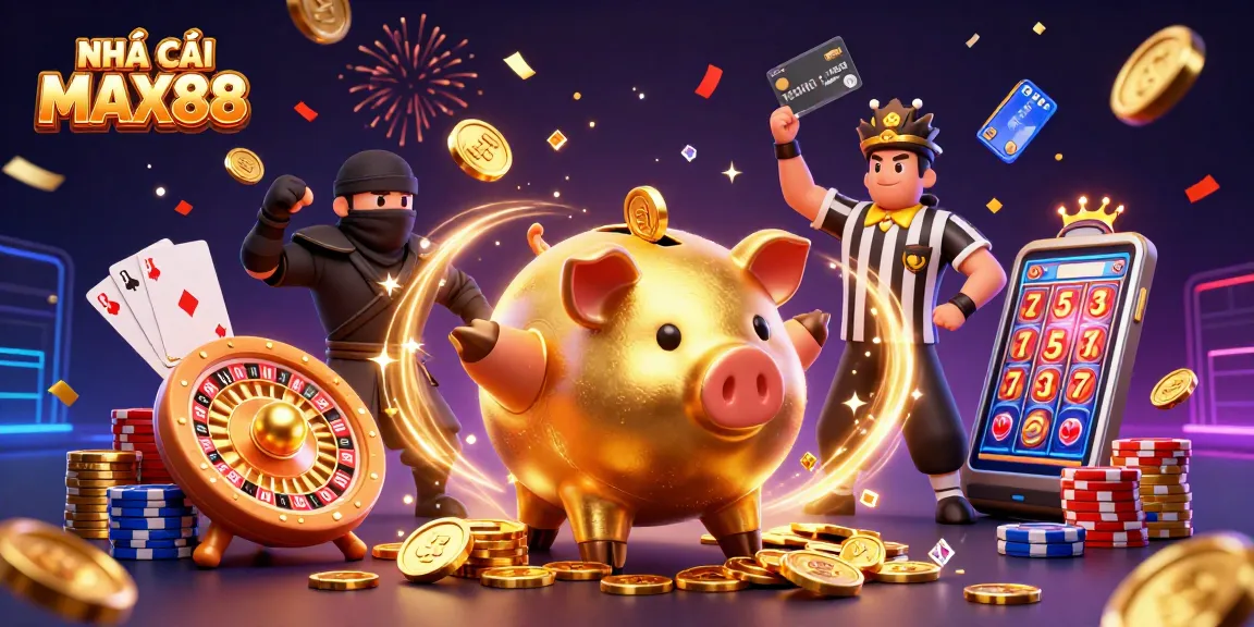 Experience NHÀ CÁI MAX88 with a dynamic 3D illustration showcasing exciting gambling action and colorful casino elements.
