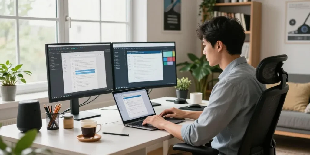 WPS Download in a modern home office with dual monitors and productivity tools, showcasing a professional workspace.