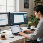 WPS Download in a modern home office with dual monitors and productivity tools, showcasing a professional workspace.