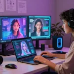 Engaging interaction with a girlfriend ai in a modern workspace setting.