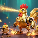 Witness the excitement of okwintv as a golden rooster robot shoots lasers among sports betting elements.