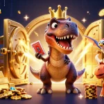 Engaging kubet vina illustration featuring a T-Rex with cards and treasure in a vibrant casino setting.